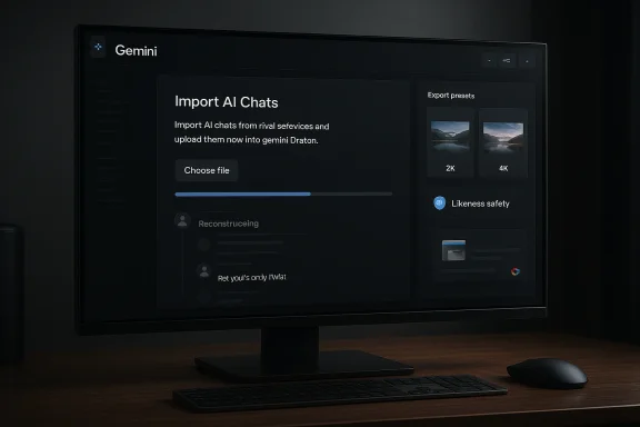 A dark monitor displays the Gemini app importing AI chats with a progress bar.
