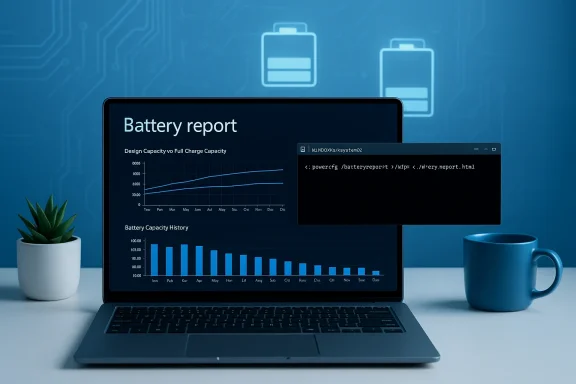 Laptop shows a battery report with charts, beside a plant and a blue mug on a blue tech-themed desk. Laptop shows a battery report with charts, beside a plant and a blue mug on a blue tech-themed desk.
