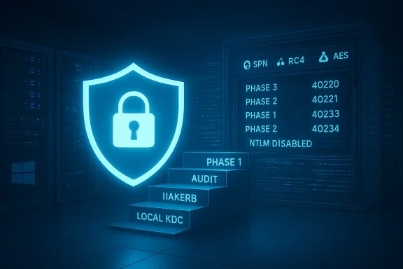 Glowing shield with a padlock sits beside neon stairs labeled Local KDC, Kerb, Audit, Phase 1 in a data center.