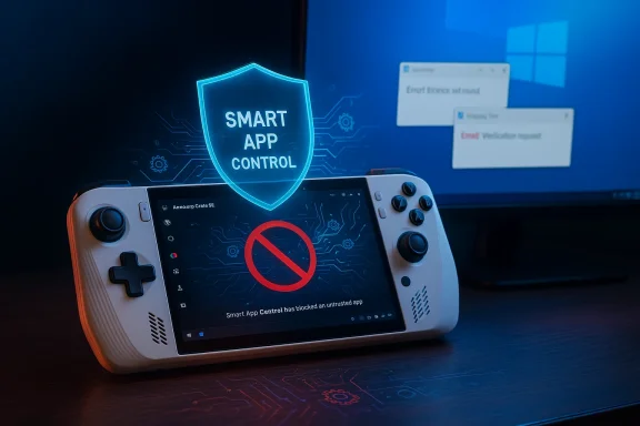 A handheld game console with a neon 'SMART APP CONTROL' shield hovering above a screen warning that an untrusted app is blocked.