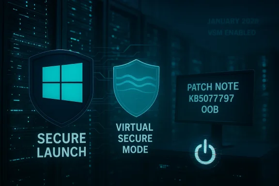 A futuristic data center showing security shields for Secure Launch and Virtual Secure Mode beside a patch-note display.