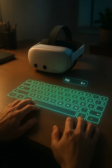 A person wearing a VR headset types on a glowing holographic keyboard.