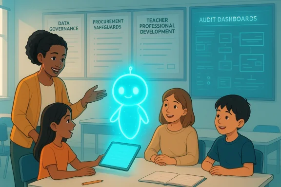 A teacher leads four students as a glowing blue holographic robot explains in a classroom.