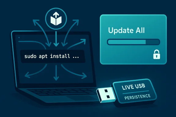 Illustration of Linux update workflow: sudo apt install, Update All, and Live USB persistence.