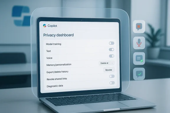 Laptop screen shows Copilot privacy dashboard with multiple toggles.
