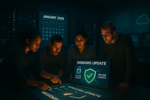 Four IT professionals study a glowing Windows Update dashboard in a dark data center.