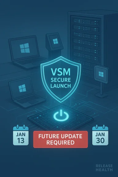 Futuristic data center scene with a glowing VSM Secure Launch shield and a “Future Update Required” alert. Futuristic data center scene with a glowing VSM Secure Launch shield and a “Future Update Required” alert.