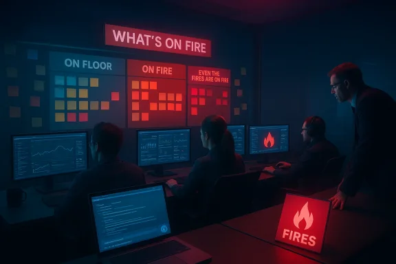 An incident room with a “What’s on Fire” wall board as analysts monitor dashboards.