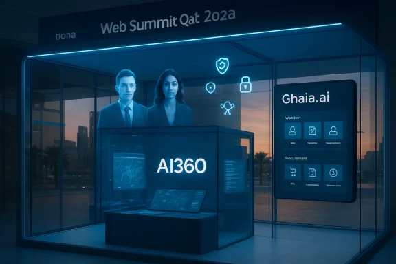 Blue-lit AI360 booth at Web Summit Qatar 2022, showcasing Ghaia.ai with holographic figures.