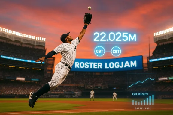 Pinstriped baseball pitcher leaps to catch a ball as a glowing scoreboard reads ROSTER LOGJAM at sunset.