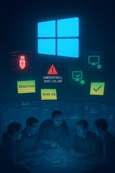 Team of engineers studies a touchscreen table beneath a glowing Windows display.