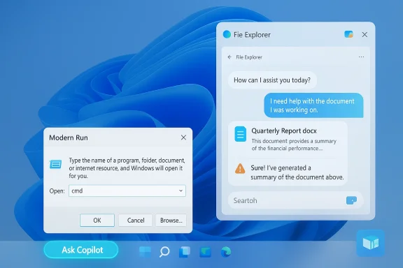 Windows 11 desktop with Copilot, a Run dialog set to cmd, and a File Explorer chat panel.