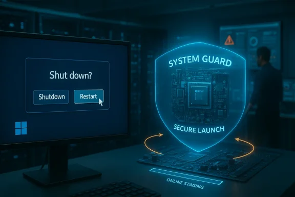 A computer prompts 'Shut down?' as a glowing System Guard shield enables secure launch.