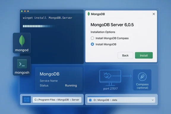 Blue multi-panel UI shows a MongoDB server installation wizard with progress bar and install options.