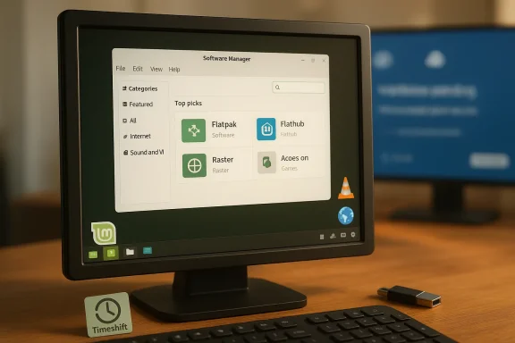 A Linux Mint desktop shows the Software Manager with top app picks.