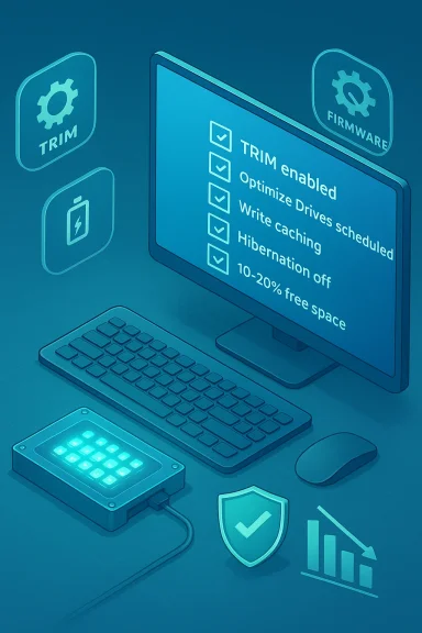 A computer screen shows a system optimization checklist including TRIM enabled and caching settings. A computer screen shows a system optimization checklist including TRIM enabled and caching settings.