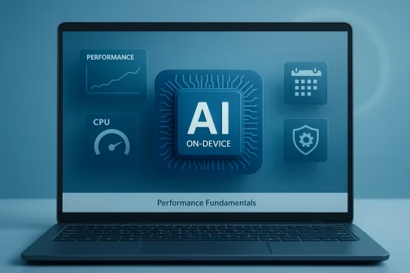 Laptop screen displays an on-device AI chip, with surrounding icons for performance, CPU, calendar, and security.
