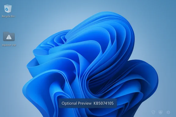 Windows desktop with a blue abstract wallpaper, Recycle Bin and explorer.exe icons. Windows desktop with a blue abstract wallpaper, Recycle Bin and explorer.exe icons.