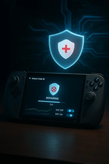 A handheld gaming console shows a Repairing progress screen with a glowing shield icon hovering above.