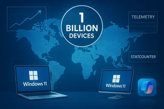 Global map highlights 1 billion Windows 11 devices with telemetry and statistics.