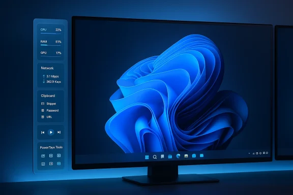 Curved monitor setup with a blue Windows 11 desktop and a left-side system widget showing CPU, RAM, and network stats.