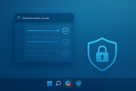 Blue UI illustration of an enterprise admin console with security shields and a lock.