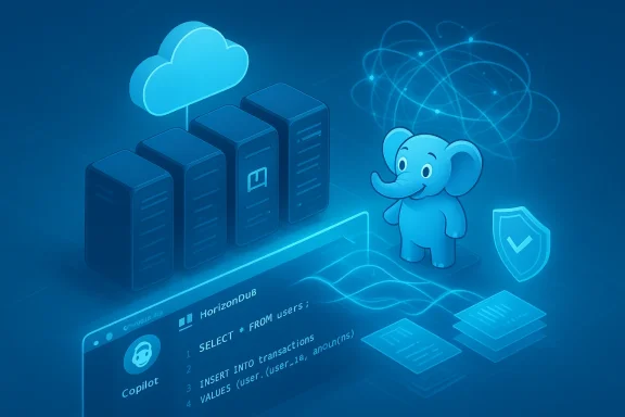 Blue tech illustration of cloud storage, server racks, a smiling elephant mascot, and Copilot coding.