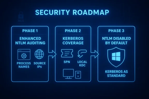 Neon security roadmap with three phases: NTLM auditing, Kerberos coverage, and Kerberos as standard.