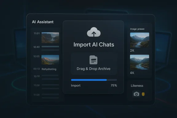 Dark AI Assistant UI with Import AI Chats, drag-and-drop archive, and image gallery panels.