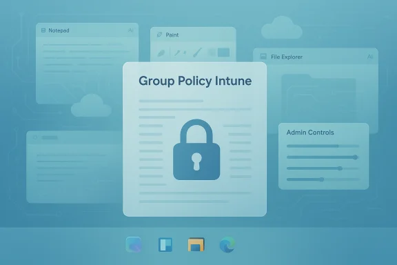 A central 'Group Policy Intune' document with a lock icon, surrounded by admin UI panels.