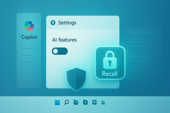 A futuristic UI dashboard featuring Copilot, AI features toggle, and a Recall lock icon.