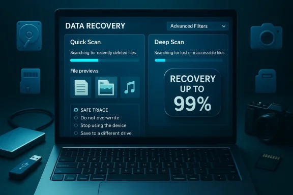 Laptop running data recovery software showing Quick Scan, Deep Scan, and 99% recovery.
