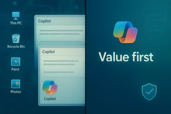 Split-screen desktop: Copilot window on the left, and a “Value first” marketing banner on the right.