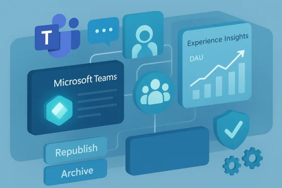A blue isometric dashboard featuring Microsoft Teams, user icons, chat, and a growth chart.
