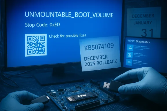 Blue Screen of Death showing UNMOUNTABLE_BOOT_VOLUME, with a USB drive and rollback note.