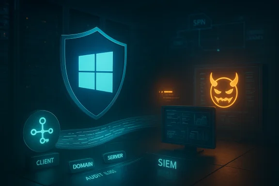 A neon Windows shield protects a network as an orange demon looms on a SIEM dashboard.
