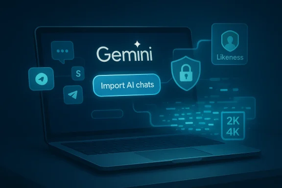 A laptop screen displays a blue holographic Gemini interface with an 'Import AI chats' button.