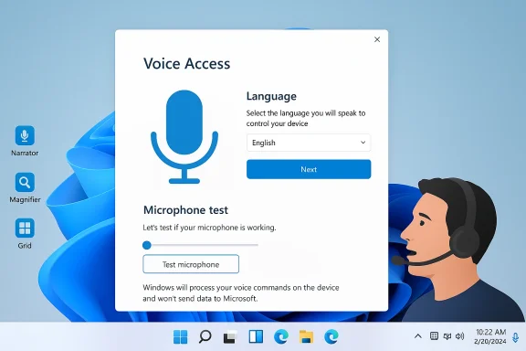 Windows 11 Voice Access setup dialog with language selection and microphone test.