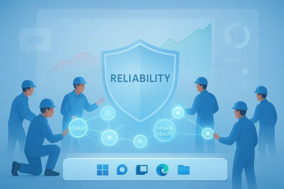 Blue technicians outline reliability on a shield, linking stability and health updates.