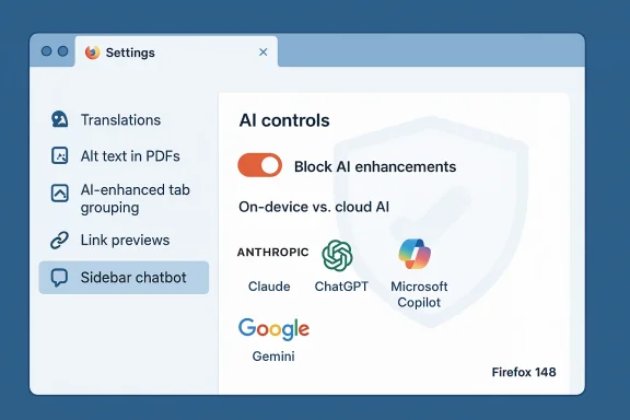 Firefox Settings UI featuring AI controls and provider logos.