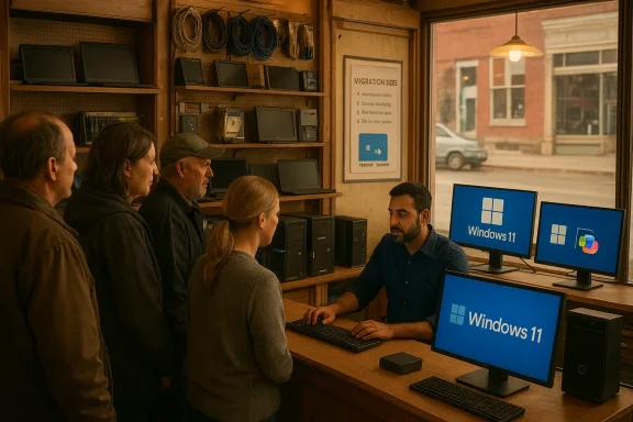 A tech shop clerk assists a line of customers at a counter with Windows 11 PCs on display.