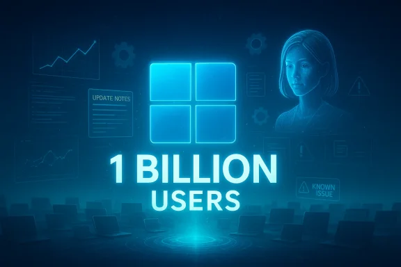 Futuristic blue scene with a glowing Windows logo and the text “1 BILLION USERS.”