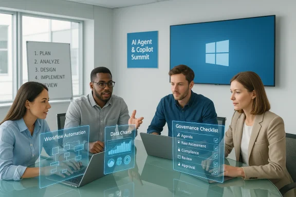 A four-person team reviews AI-powered workflows with holographic dashboards in a modern conference room.