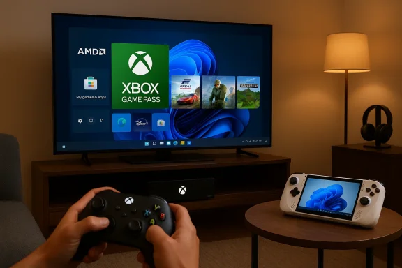Cozy living-room gaming: a big TV shows Xbox Game Pass, with a white handheld on the table and a person using an Xbox controller.