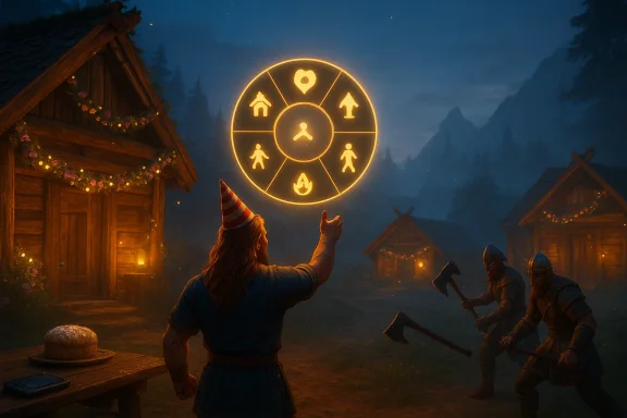 A man with a party hat conjures a glowing wheel of life icons as armored foes advance in a lantern-lit village.