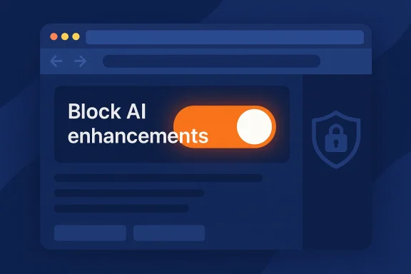 Dark blue web UI featuring a bright orange toggle labeled 'Block AI enhancements'.