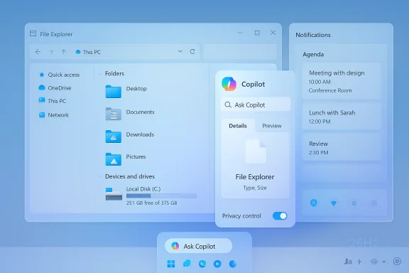 Blue desktop UI showing File Explorer and Copilot panels with an Ask Copilot prompt. Blue desktop UI showing File Explorer and Copilot panels with an Ask Copilot prompt.