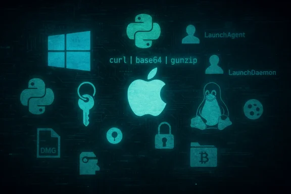 A teal-glow collage of tech logos (Windows, Apple, Linux, Python) with code snippets.