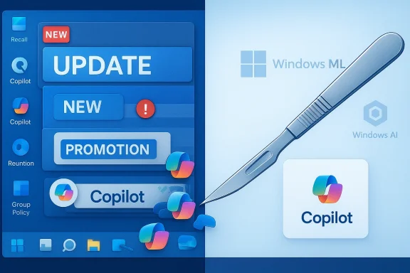 Split-screen: Copilot UI on the left and Windows ML/AI branding on the right.