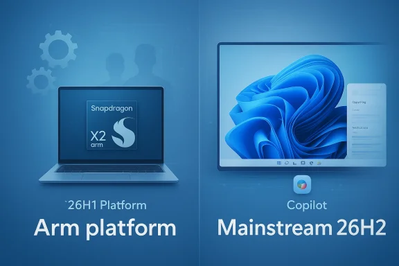 Split infographic comparing ARM Snapdragon X2 platform with Mainstream 26H2 Copilot.